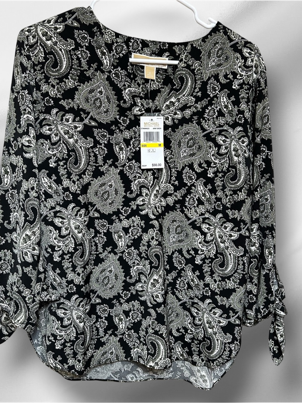 Michael Kors Black Paisley Tie-Sleeve Women's Top NWT Size M. - Picture 2 of 8
